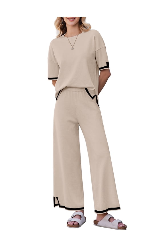 Lounge Sets for Women Travel Outfits 2 Piece Sets Knit Short Sleeve Sweater Loungwear