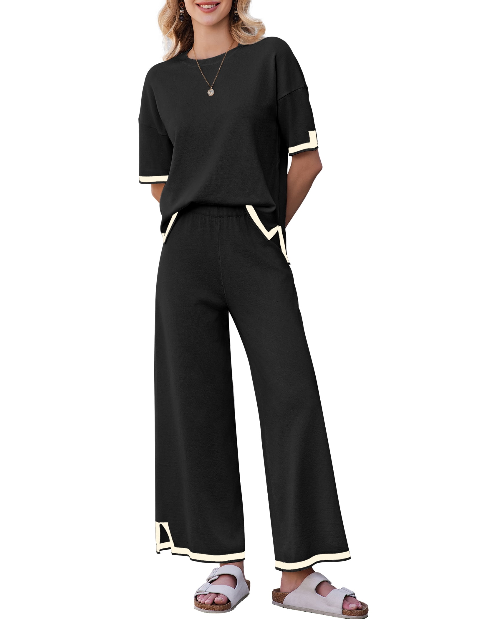 Lounge Sets for Women Travel Outfits 2 Piece Sets Knit Short Sleeve Sweater Loungwear