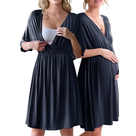 KISSGAL Maternity Dress for Photoshoot 3 in 1 Labor/Delivery/Hospital Gown Maternity Nursing Nightgown Sleepwear for Breastfeeding Casual Baby Shower Dress S-XXL