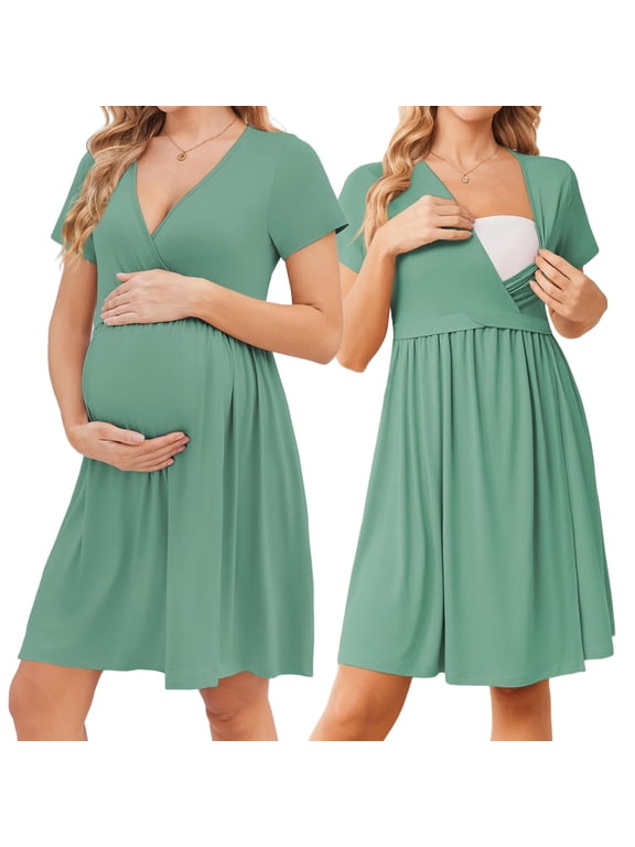 Maternity Nursing Nightgowns Split Front Flap Labor and Delivery Gown for Hospital Breastfeeding Short Sleeve Pergnancy Clothes