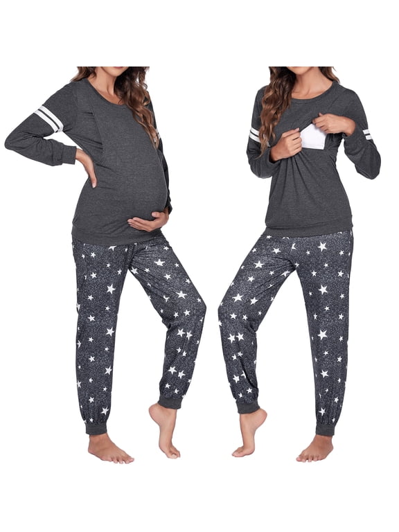 Maternity Nursing Pajama Set for Breastfeeding Loungewear Sets Women Fall Long Sleeve Top and Jogger Pants for Pregnant and Postpartum