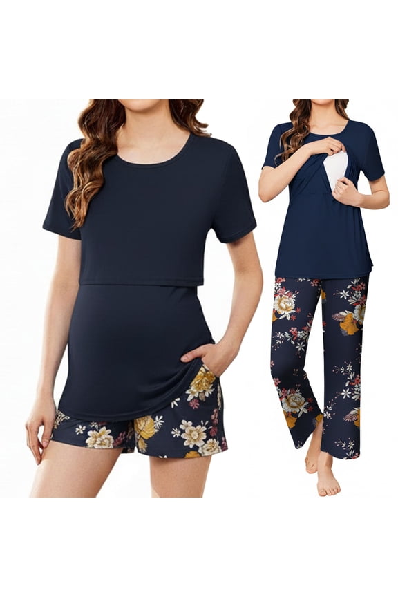 Maternity Nursing Pajamas Set 3 Piece Short Sleeve Postpartum Breastfeeding Top Pregnancy Shorts and Long Pants