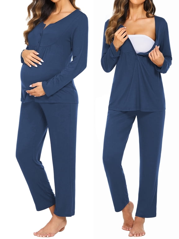 Maternity Nursing Pajamas Set Labor Delivery Breastfeeding Sleepwear Long Sleeve Top and Long Pants Pjs Pregnancy Sleepwear