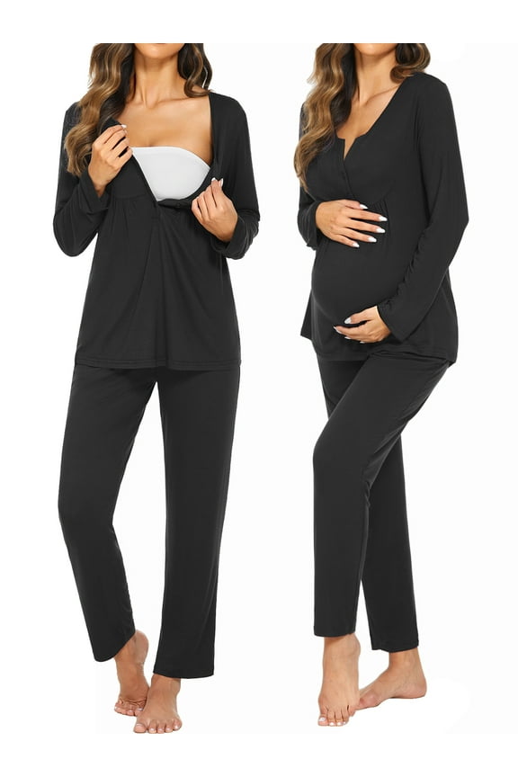 Maternity Nursing Pajamas Set Labor Delivery Breastfeeding Sleepwear Long Sleeve Top and Long Pants Pjs Pregnancy Sleepwear