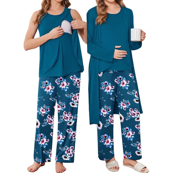 Avidlove Maternity Pajamas and Robe Set 3 Piece Double Layer Sleeveless Nursing Top,Pregnancy Pants with Robe Pjs Sleepwear