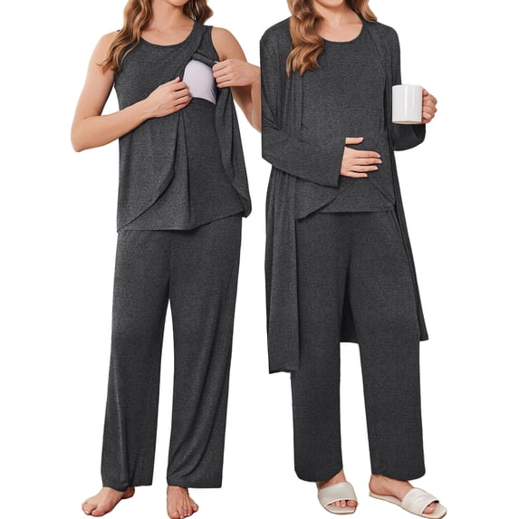 Avidlove Maternity Pajamas and Robe Set 3 Piece Double Layer Sleeveless Nursing Top,Pregnancy Pants with Robe Pjs Sleepwear