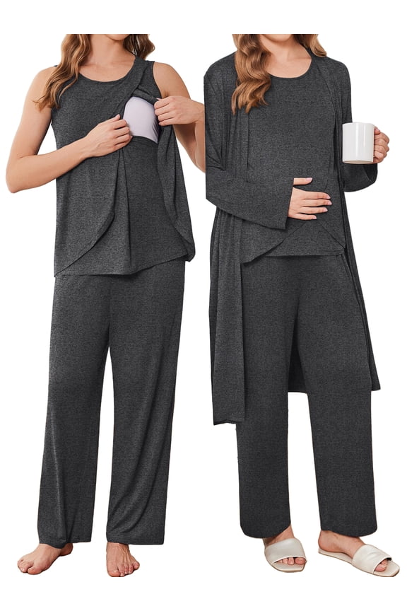 Maternity Pajamas and Robe Set 3 Piece Double Layer Sleeveless Nursing Top,Pregnancy Pants with Robe Pjs Sleepwear