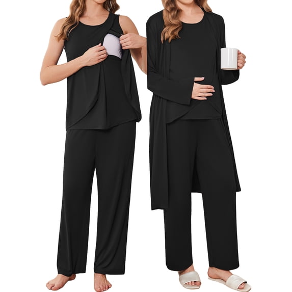 Avidlove Maternity Pajamas and Robe Set 3 Piece Double Layer Sleeveless Nursing Top,Pregnancy Pants with Robe Pjs Sleepwear