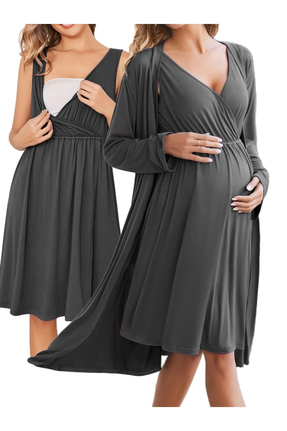 Maternity Robe and Nursing Nightgowns Set for Hospitable Breastfeeding 3 in 1 Labor Delivery Nursing Sleeveless Gown Bathrobe Pregnancy Clothes