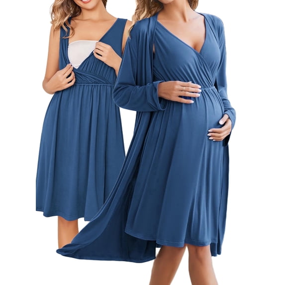KISSGAL Maternity Robe and Nursing Nightgowns Set for Hospitable Breastfeeding 3 in 1 Labor Delivery Nursing Sleeveless Gown Bathrobe Pregnancy Clothes