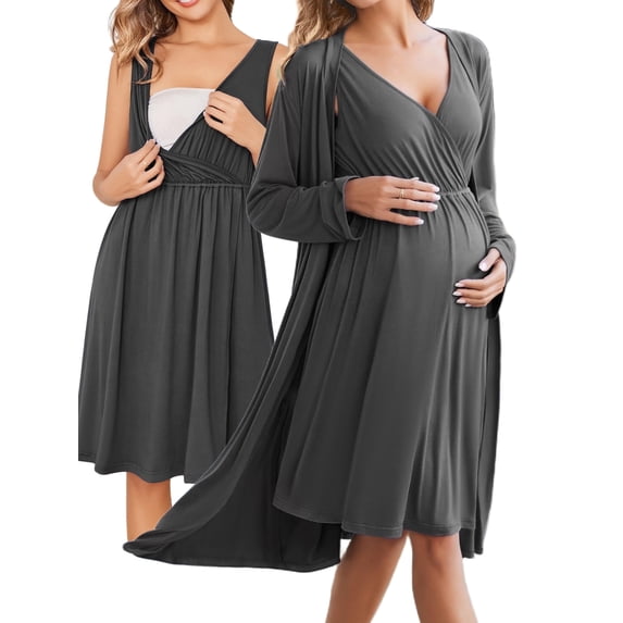 KISSGAL Maternity Robe and Nursing Nightgowns Set for Hospitable Breastfeeding 3 in 1 Labor Delivery Nursing Sleeveless Gown Bathrobe Pregnancy Clothes