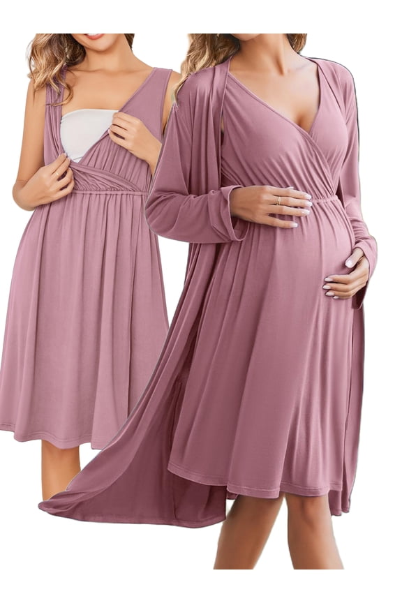 Maternity Robe and Nursing Nightgowns Set for Hospitable Breastfeeding 3 in 1 Labor Delivery Nursing Sleeveless Gown Bathrobe Pregnancy Clothes
