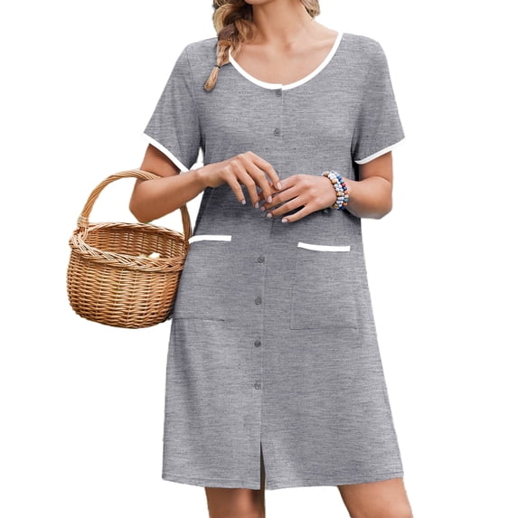 Avidlove Nightgowns for Women Button Down Bamboo Viscose Nightshirts Short Sleeve Sleepshirt Crew Neck House Dress with Pockets Sleepwear