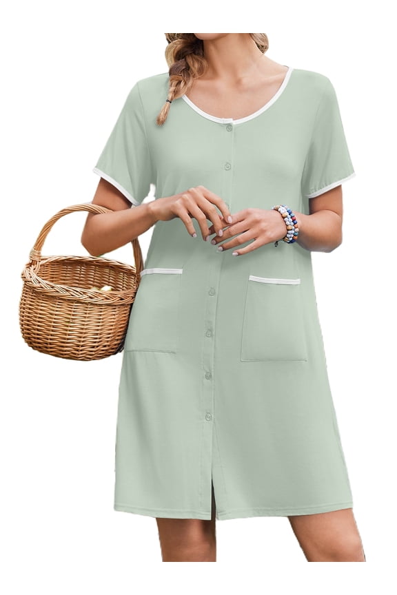 Nightgowns for Women Button Down Bamboo Viscose Nightshirts Short Sleeve Sleepshirt Crew Neck House Dress with Pockets Sleepwear