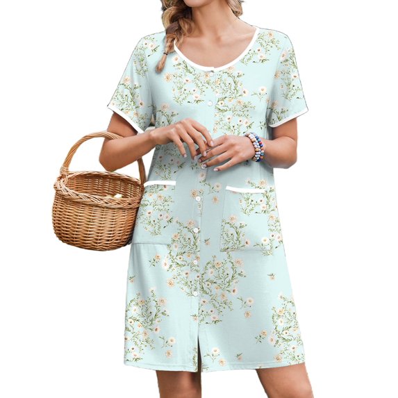 Avidlove Nightgowns for Women Button Down Bamboo Viscose Nightshirts Short Sleeve Sleepshirt Crew Neck House Dress with Pockets Sleepwear