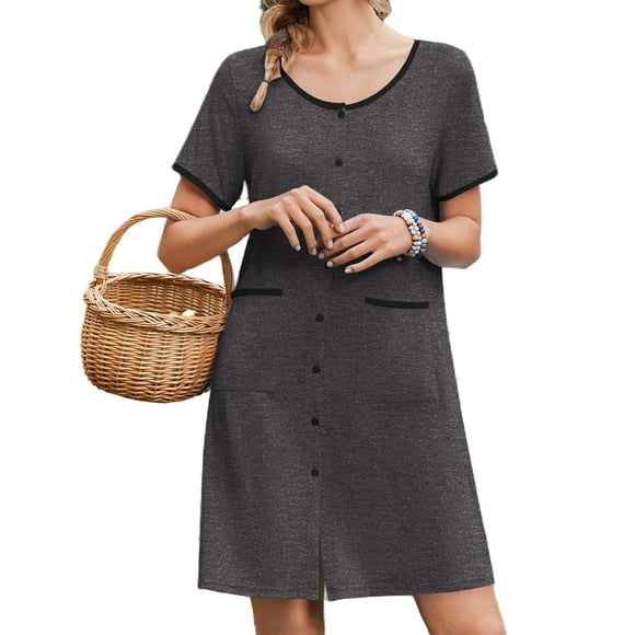 Nightgowns for Women Button Down Bamboo Viscose Nightshirts Short Sleeve Sleepshirt Crew Neck House Dress with Pockets Sleepwear