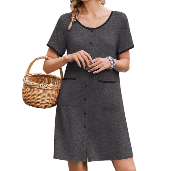 Avidlove Nightgowns for Women Button Down Bamboo Viscose Nightshirts Short Sleeve Sleepshirt Crew Neck House Dress with Pockets Sleepwear