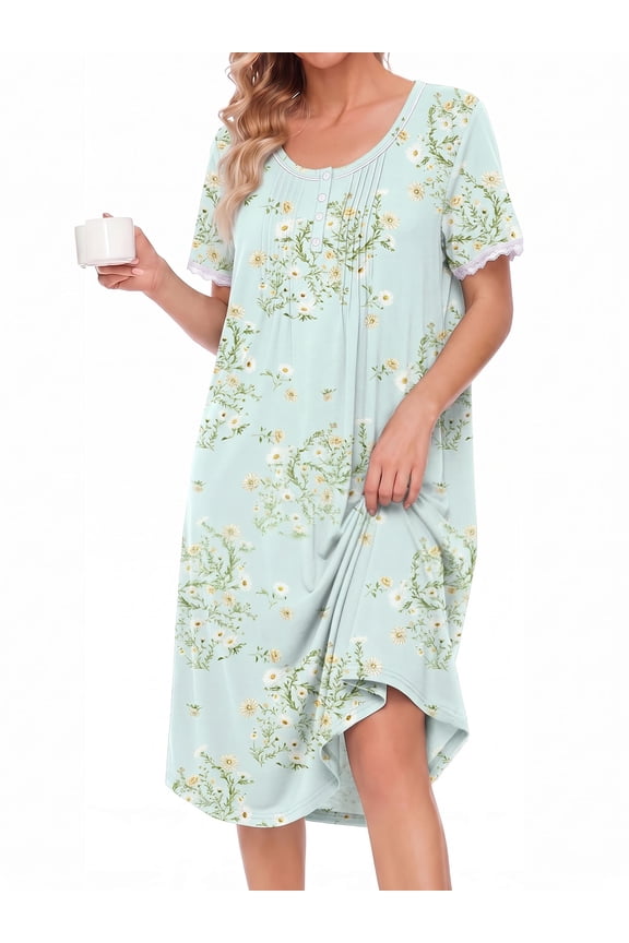 Nightgowns for Women Button Front Henley Neck House Dress Short Sleeve Soft Pajamas Dress Sleepwear
