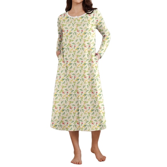 KISSGAL Nightgowns for Women Floral Long Sleeve Henley Sleepshirt Full Length Nightdress Sleepwear with Pockets S-3XL