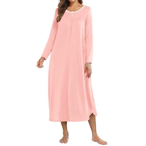 Avidlove Nightgowns for Women Floral Long Sleeve Henley Sleepshirt Full Length Nightdress Sleepwear with Pockets S-3XL