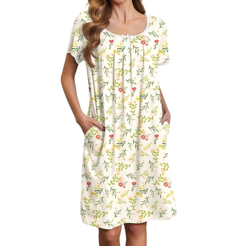 Nightgowns for Women Short Sleeve House Dress with Pockets Pleated Nightdress Soft Sleepwear S-XXXL