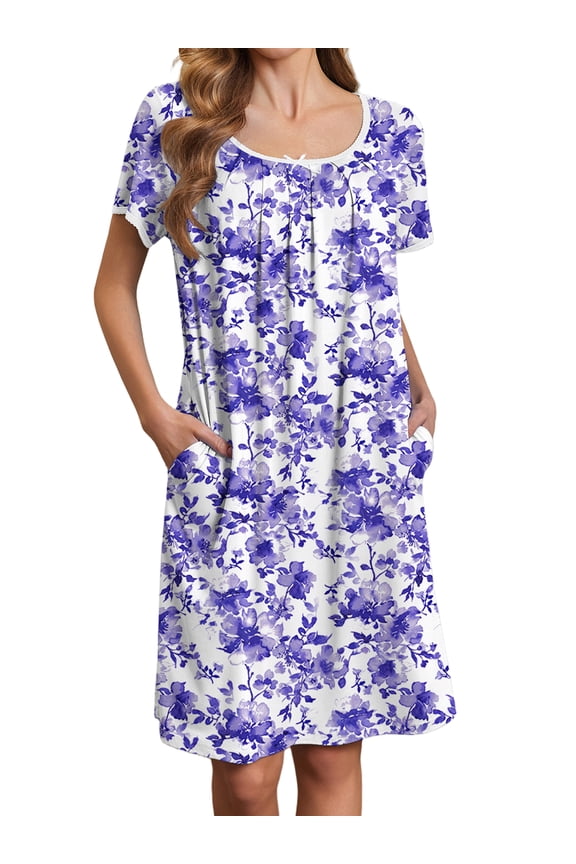Nightgowns for Women Short Sleeve House Dress with Pockets Pleated Nightdress Soft Sleepwear S-XXXL
