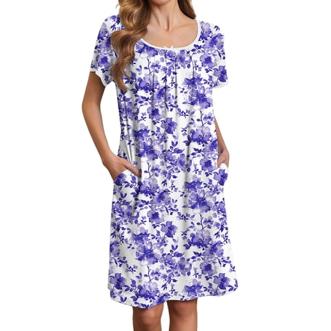 Nightgowns for Women Short Sleeve House Dress with Pockets Pleated Nightdress Soft Sleepwear S-XXXL