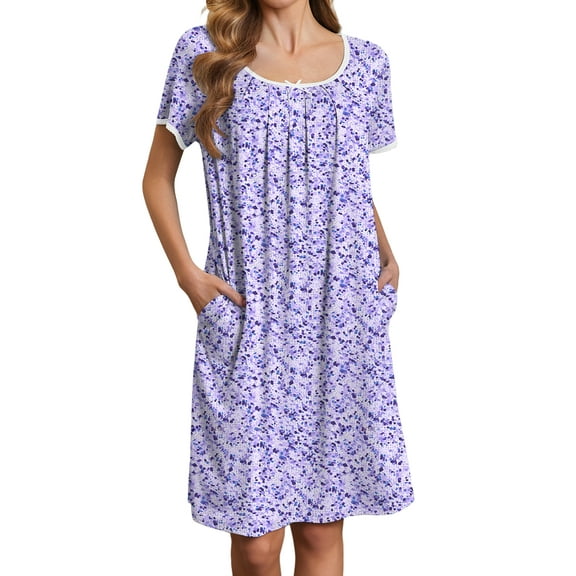Avidlove Nightgowns for Women Short Sleeve House Dress with Pockets Pleated Nightdress Soft Sleepwear S-XXXL