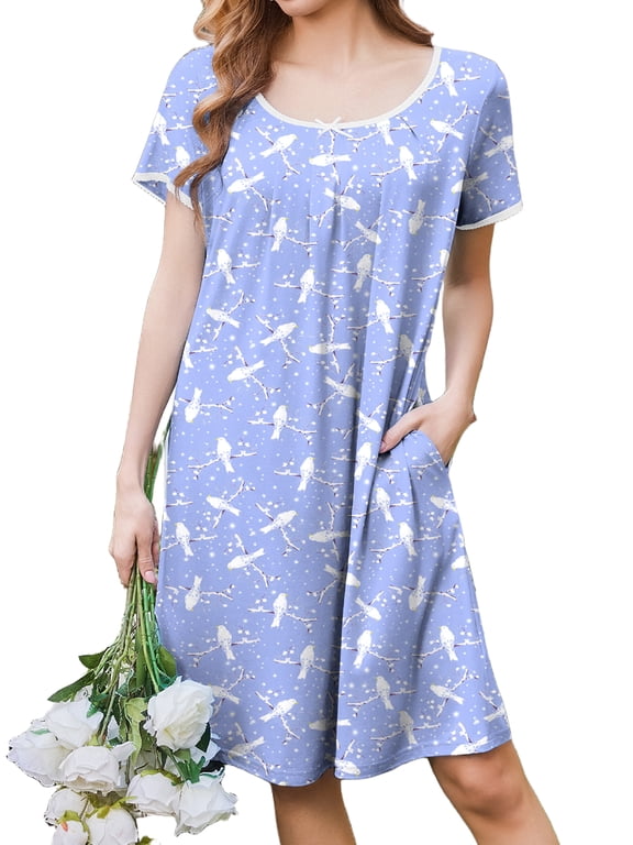 Nightgowns for Women Short Sleeve House Dress with Pockets Pleated Nightdress Soft Sleepwear S-XXXL