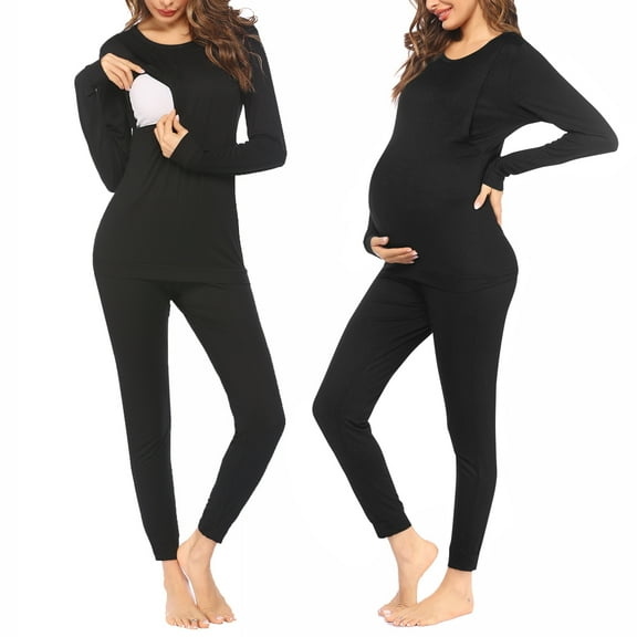Avidlove Nursing Pajamas Set for Women Maternity Lounge Set Black Thermal Underwear Sets Fall & Winter Maternity Wear Long Sleeve Top & Pants for Pregnant