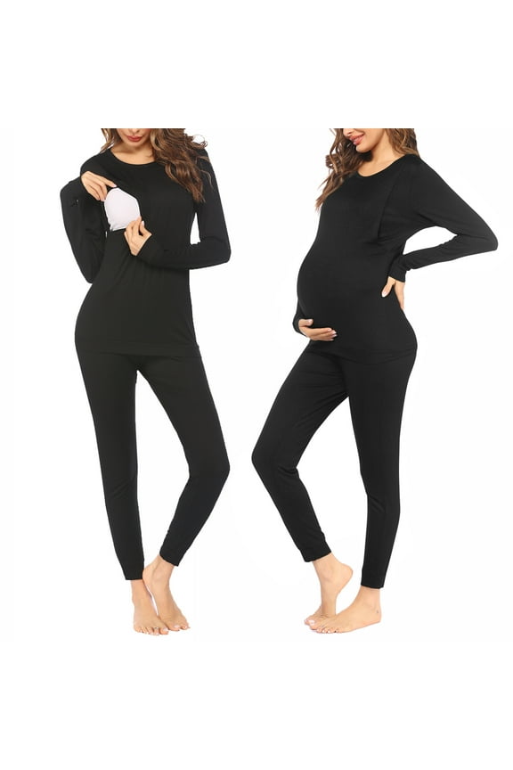 Nursing Pajamas Set for Women Maternity Lounge Set Black Thermal Underwear Sets Fall & Winter Maternity Wear Long Sleeve Top & Pants for Pregnant