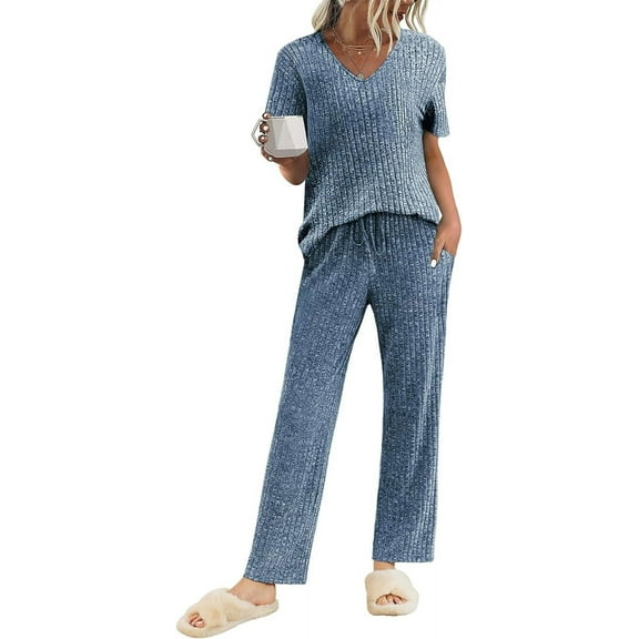 Avidlove Pajama Set for Women Ribbed Knit Lounge Set Short Sleeve Pj Tops and Long Pants Two Piece Matching Outfit Sets with Pockets