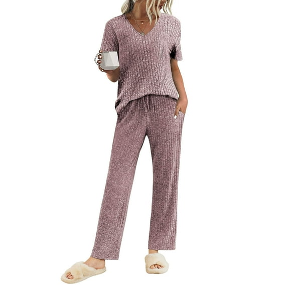 Avidlove Pajama Set for Women Ribbed Knit Lounge Set Short Sleeve Pj Tops and Long Pants Two Piece Matching Outfit Sets with Pockets