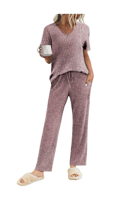 Pajama Set for Women Ribbed Knit Lounge Set Short Sleeve Pj Tops and Long Pants Two Piece Matching Outfit Sets with Pockets