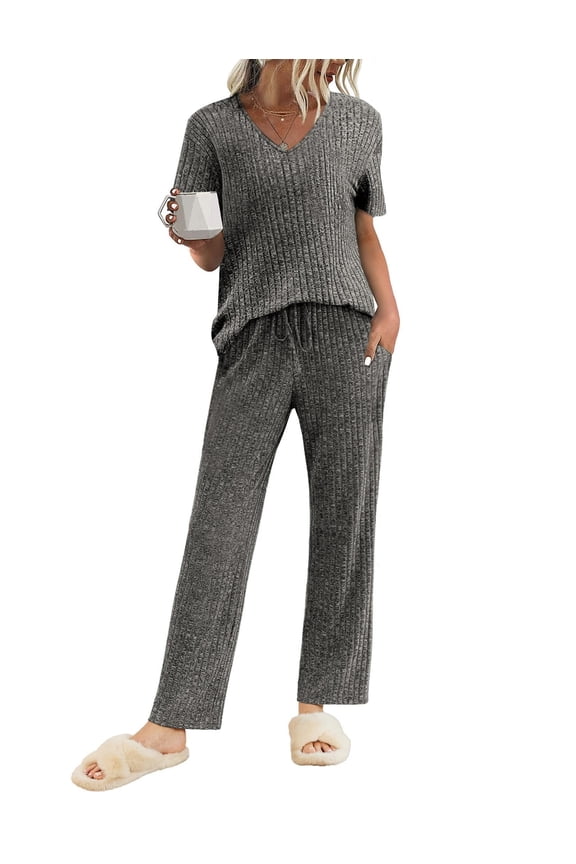 Pajama Set for Women Ribbed Knit Lounge Set Short Sleeve Pj Tops and Long Pants Two Piece Matching Outfit Sets with Pockets