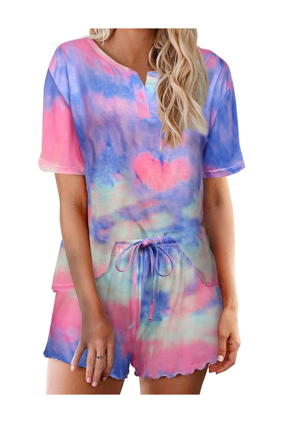 Pajama Sets for Women 2 Piece Tie Dye Loungewear Set Cotton Tops & Shorts Ladies Pj Sets Sleepwear Matching Lounge Sets