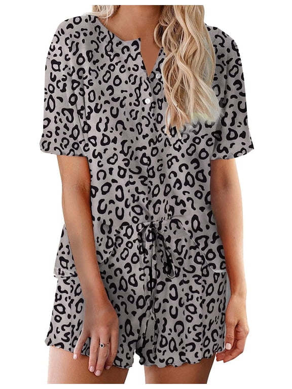 Pajama Sets for Women 2 Piece Leopard Loungewear Set Cotton Tops & Shorts Ladies Pj Sets Sleepwear Matching Lounge Sets