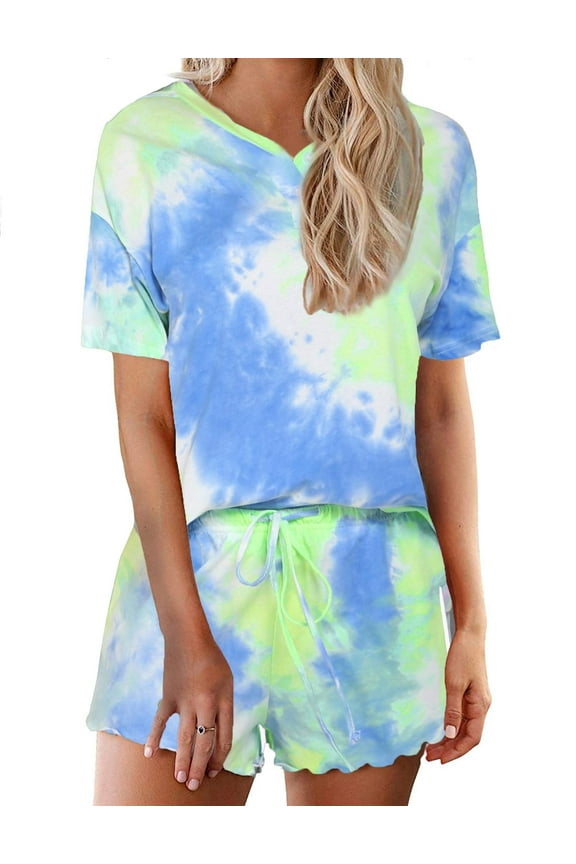 Pajama Sets for Women 2 Piece Tie Dye Loungewear Set Cotton Tops & Shorts Ladies Pj Sets Sleepwear Matching Lounge Sets