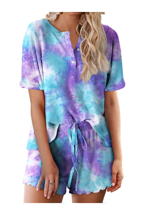 Pajama Sets for Women 2 Piece Tie Dye Loungewear Set Cotton Tops & Shorts Ladies Pj Sets Sleepwear Matching Lounge Sets