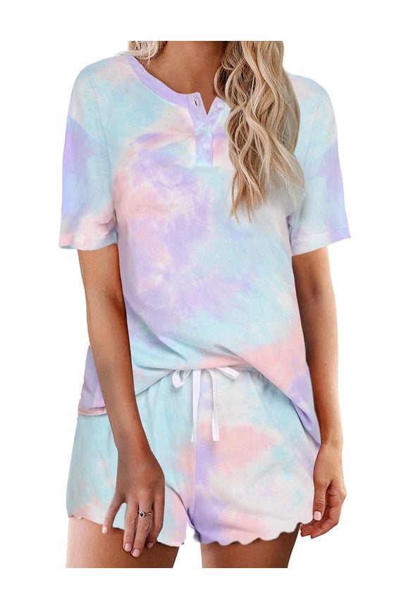 Pajama Sets for Women 2 Piece Tie Dye Loungewear Set Cotton Tops & Shorts Ladies Pj Sets Sleepwear Matching Lounge Sets