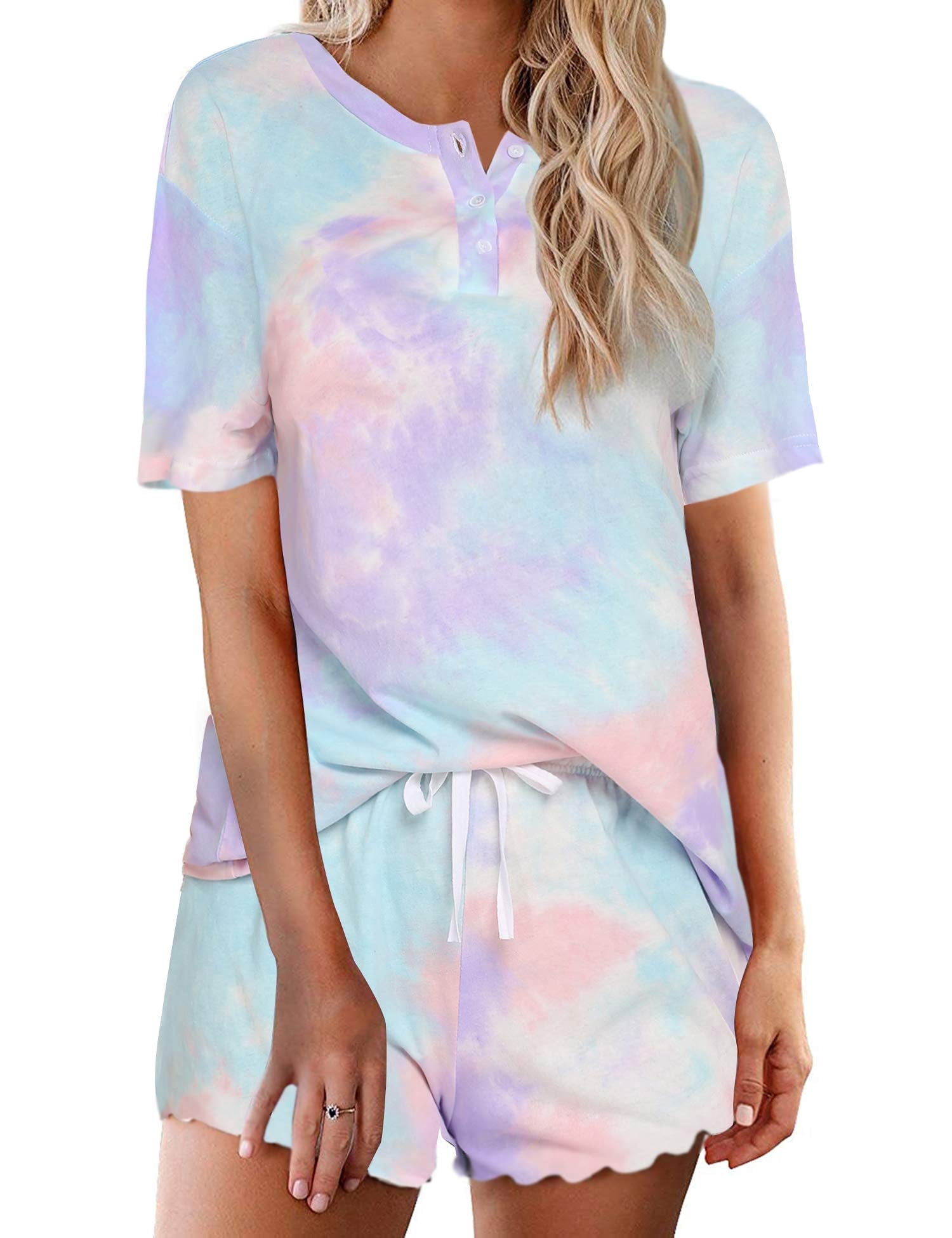 Pajama Sets for Women 2 Piece Tie Dye Loungewear Set Cotton Tops & Shorts Ladies Pj Sets Sleepwear Matching Lounge Sets
