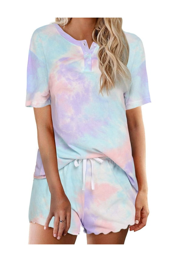 Pajama Sets for Women 2 Piece Tie Dye Loungewear Set Cotton Tops & Shorts Ladies Pj Sets Sleepwear Matching Lounge Sets