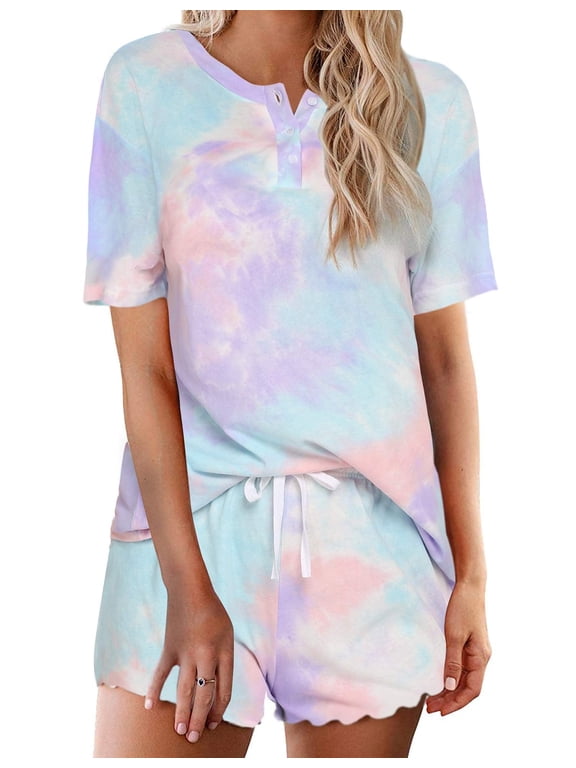 Pajama Sets for Women 2 Piece Tie Dye Loungewear Set Cotton Tops & Shorts Ladies Pj Sets Sleepwear Matching Lounge Sets