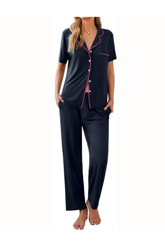 Pajama Sets for Women 2 piece Short Sleeve Button Down Pj Sets with Long Pants Notch Collar Matching lounge set Sleepwear with Pockets