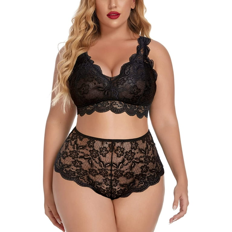 Avidlove Plus Size Lingerie Set for Women Sexy Lace Halter Bralette High  Waist Panty Set 