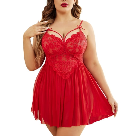 Avidlove Plus Size Lingerie for Women Sexy Strap Lace Chemise Nightgown V Neck Nighty Side Slit Mesh Sleepwear