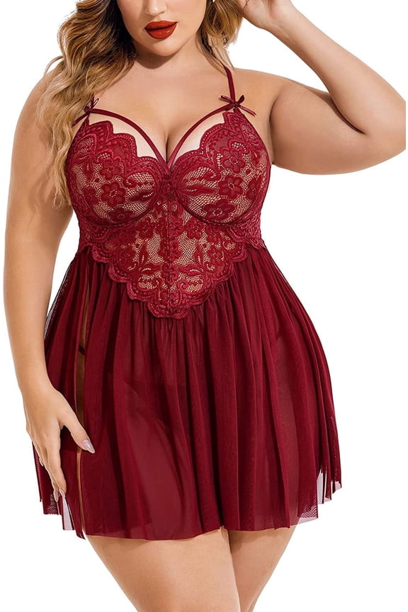 Plus Size Lingerie for Women Sexy Strap Lace Chemise Nightgown V Neck Nighty Side Slit Mesh Sleepwear