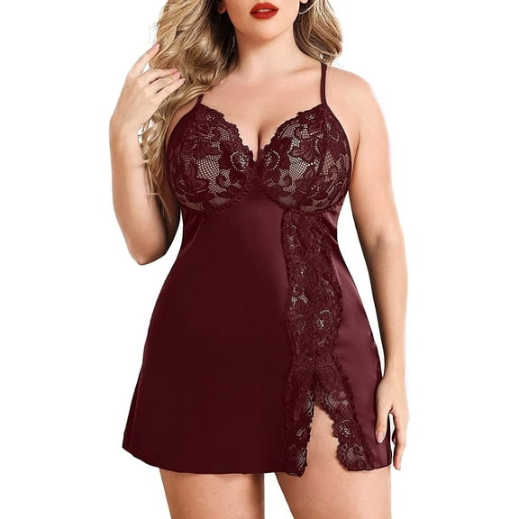Avidlove Plus Size Lingerie for Women Lace Floral Halter Sleepwear Set Chemise Nightwear Dark Red Large