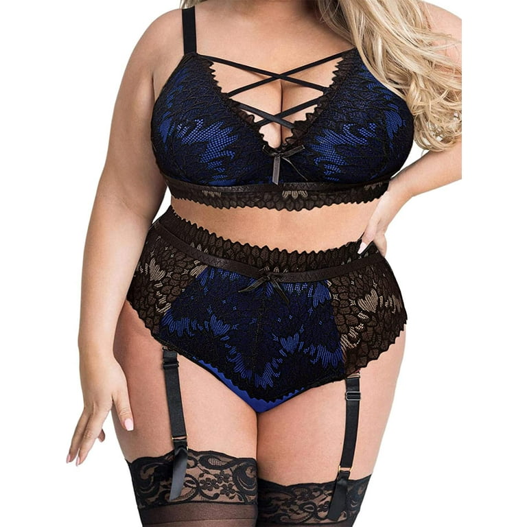 Avidlove Plus Size Lingerie for Women Sexy Mesh Bra and Panty Set with  Garter Straps L-5XL 