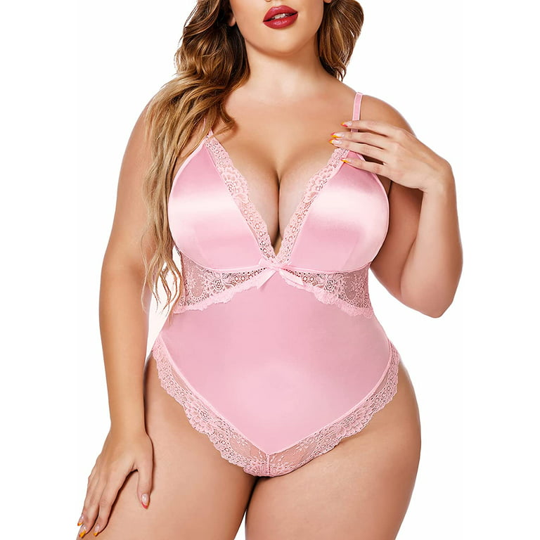 Avidlove Plus Size Lingerie for Women Sexy Pink Satin Teddy